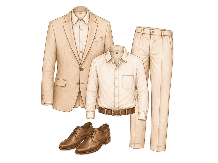 Traje claro, camisa y zapatos